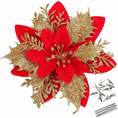 18Pcs Glitter Artificial Christmas Flowers With Clips