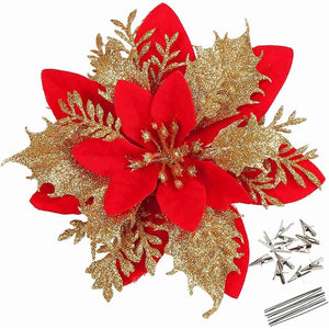 18Pcs Glitter Artificial Christmas Flowers With Clips