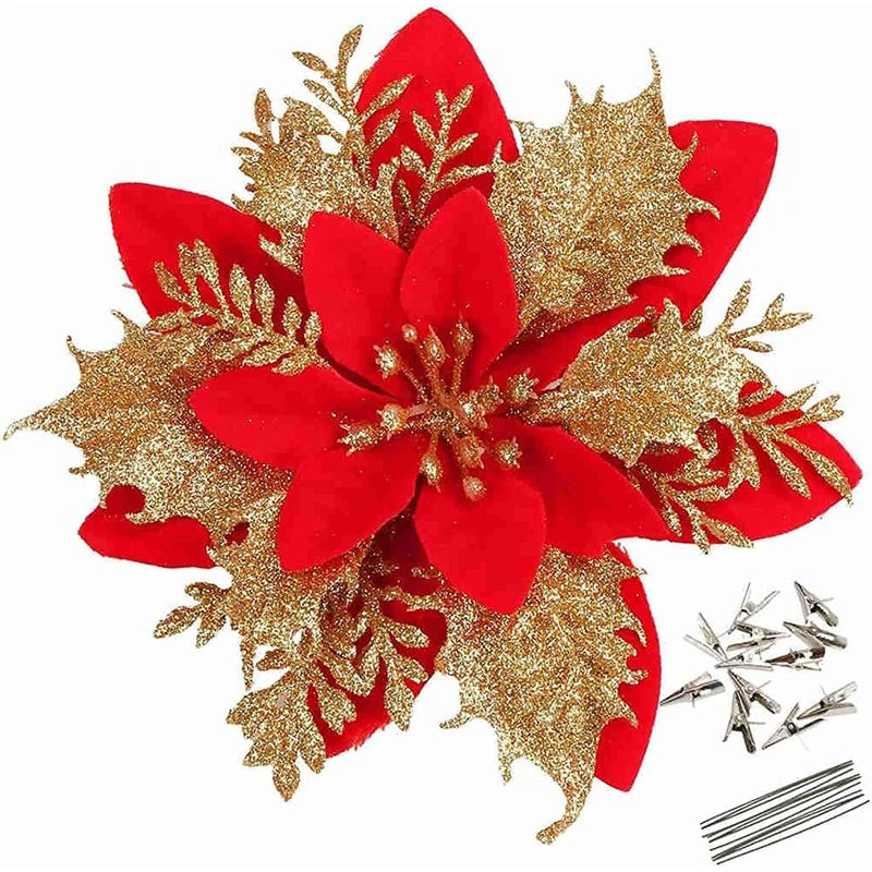 18Pcs Glitter Artificial Christmas Flowers With Clips