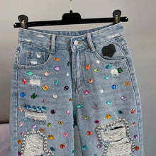 High Waist Diamond Embellished Five-Point Trendy Loose Fit Jeans