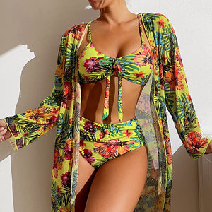 High Waist Floral Print Bikini Set With Mesh Long-Sleeved Cover Up