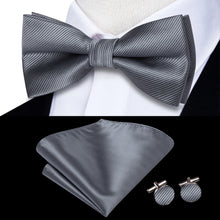 Solid Silk Bow Tie Hanky Cuff Links Set