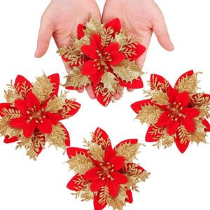18Pcs Glitter Artificial Christmas Flowers With Clips