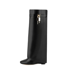 Lock Metal Buckle Knee High Boots