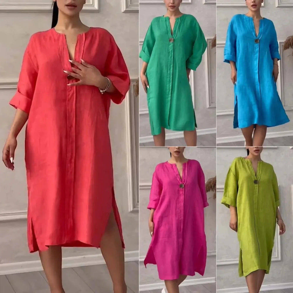 Cotton and Linen Solid Color Casual Round Neck Button Long Dress