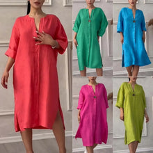 Cotton and Linen Solid Color Casual Round Neck Button Long Dress