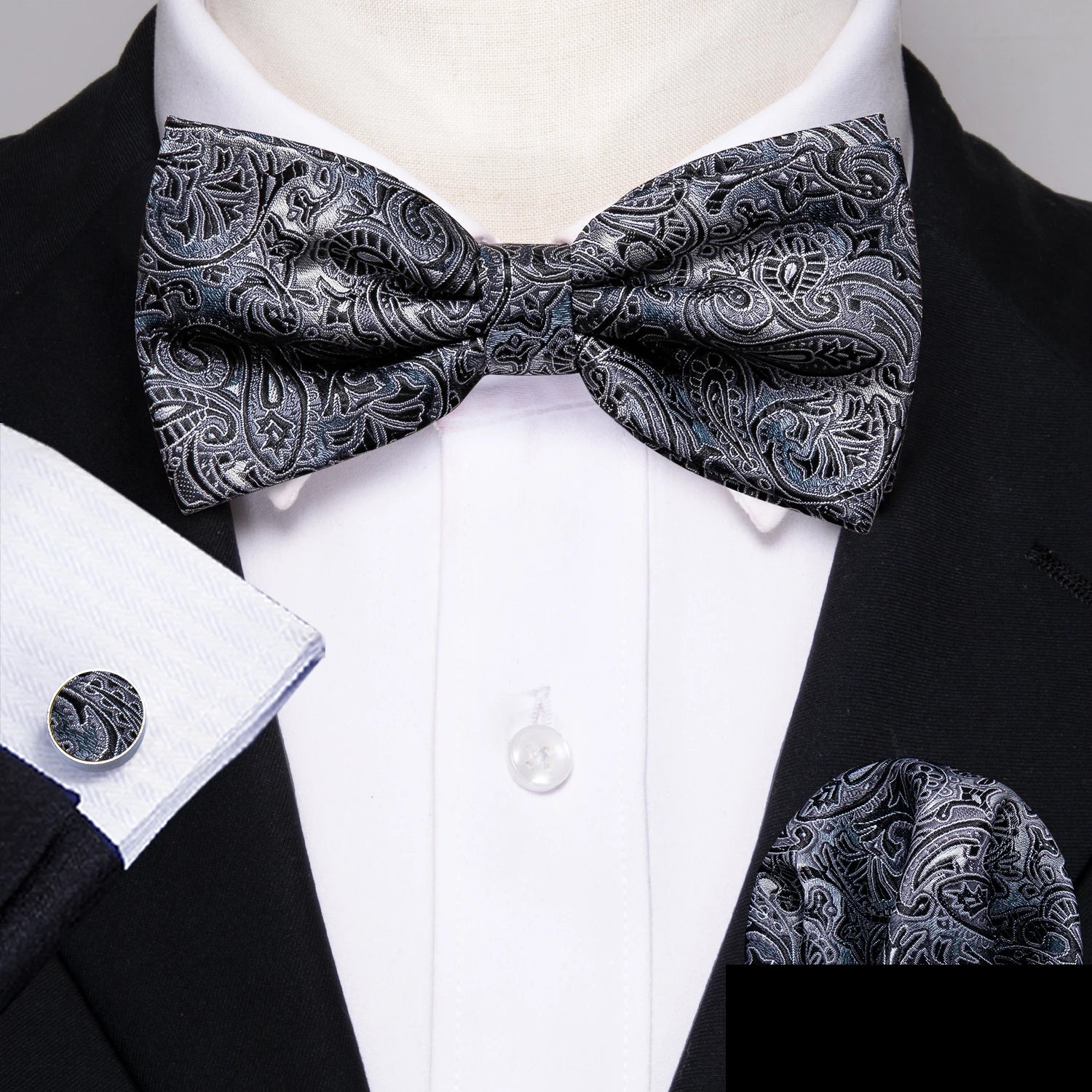 Barry.Wang Silk Bow Tie Hanky Cuffs Set