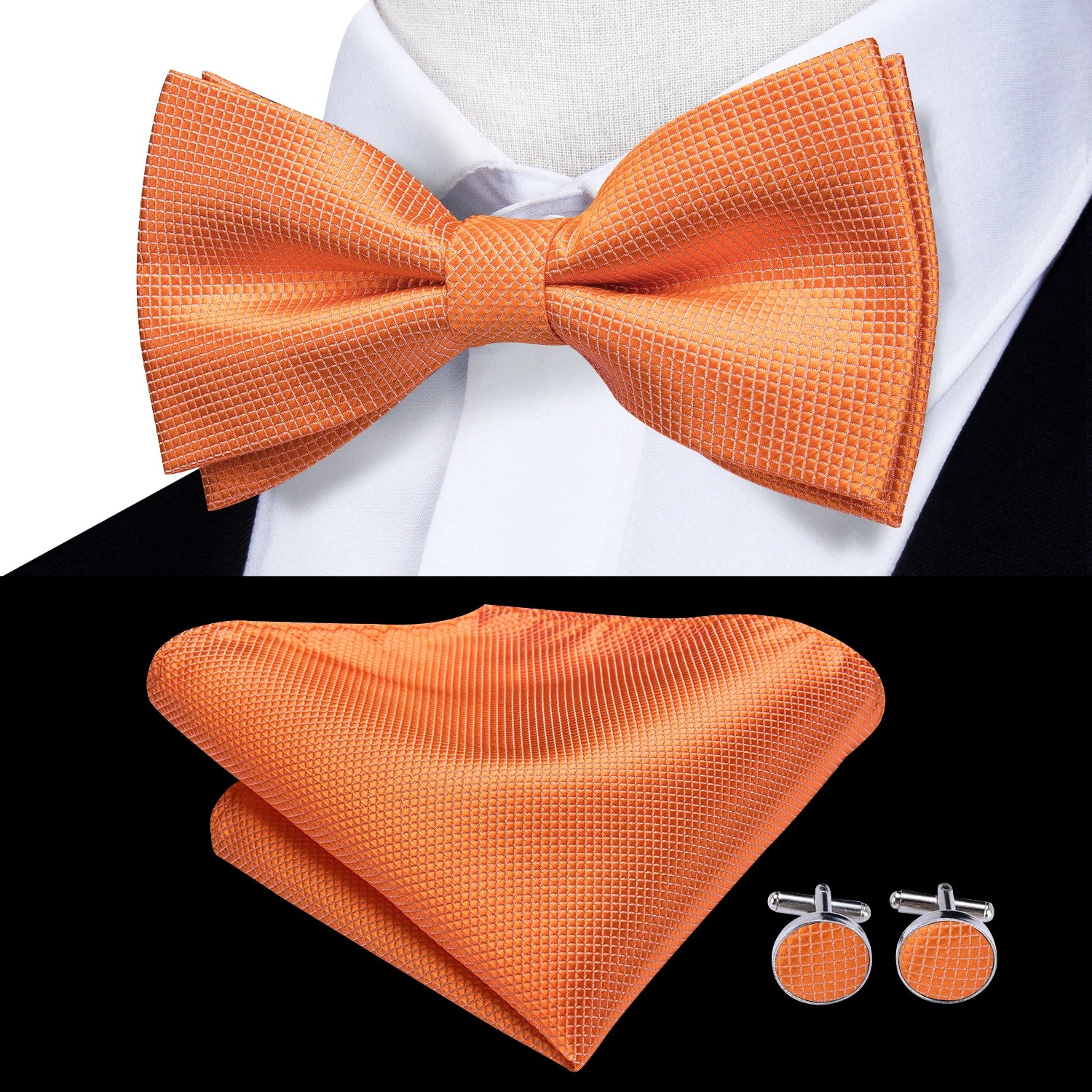 Solid Silk Bow Tie Hanky Cuff Links Set