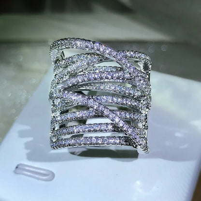 Wide 925 Sterling Silver Interweave Design Cubic Zirconia Ring