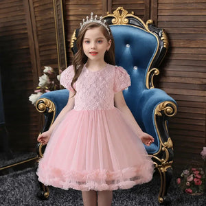 Flower Girl Lace Satin Short Sleeve Dress