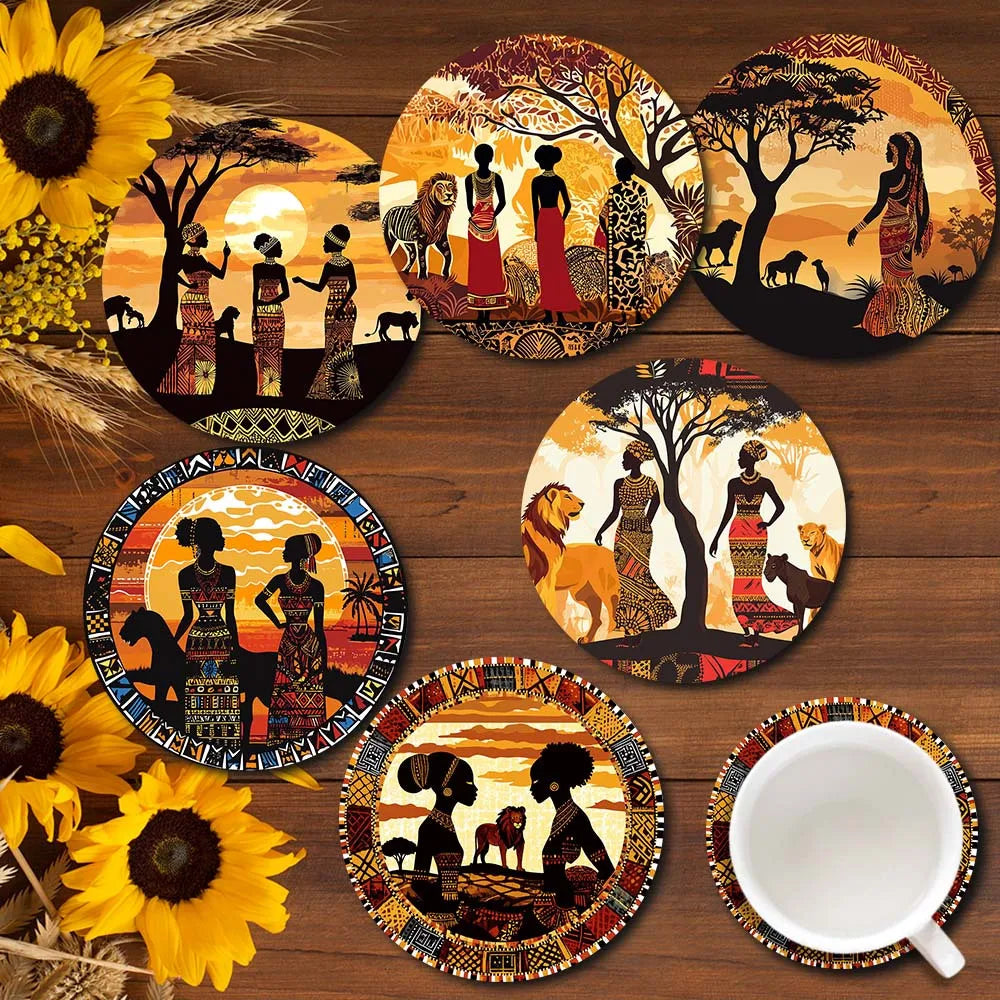 6 Pack African Tribal Style Wooden Coaster with Cork Mat