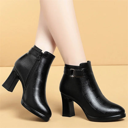 Chunky Heel Soft Leather Side Zipper Design Ankle Boots