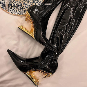 Leopard Tooth High Heel Patent Leather Over The Knee Boots