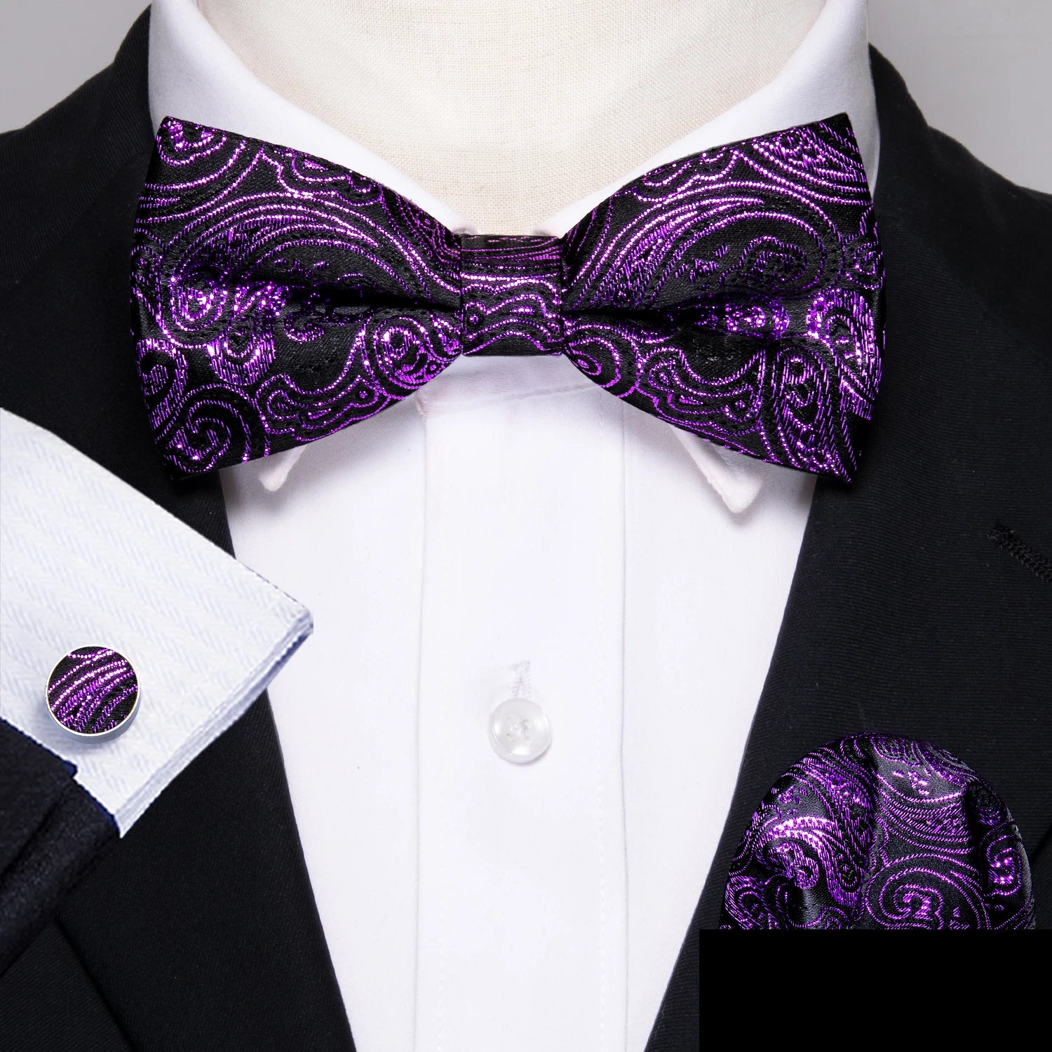 Barry.Wang Silk Bow Tie Hanky Cuffs Set
