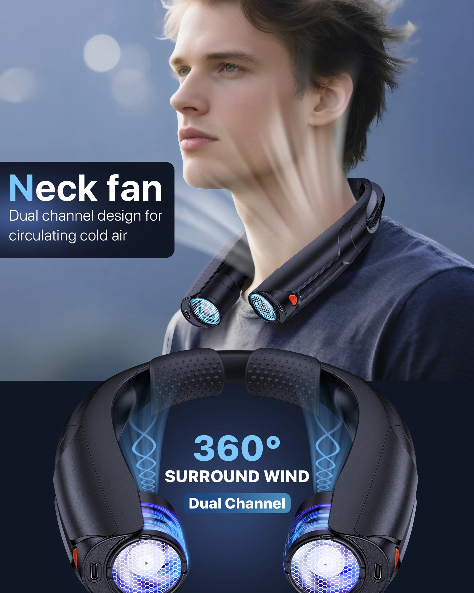 Portable Personal Rechargeable Double Switch Hands Free 6 Speed Neck Fan