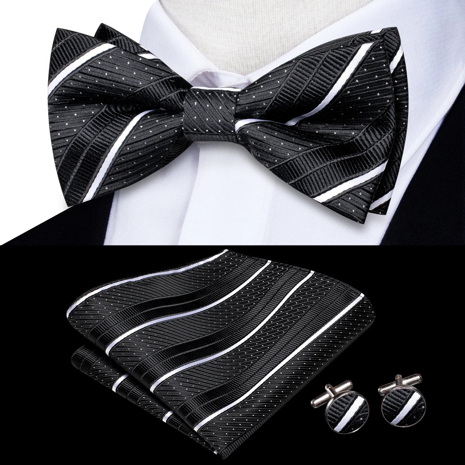 Solid Silk Bow Tie Hanky Cuff Links Set