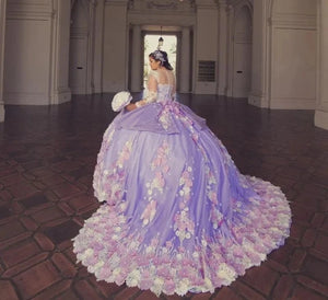 Long Sleeves Floral Pearls Sweet 16 Dress