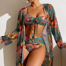 High Waist Floral Print Bikini Set With Mesh Long-Sleeved Cover Up