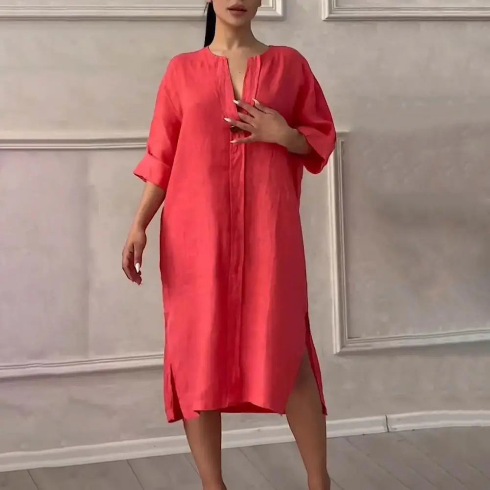 Soft Fabric Button V-neck A-line Midi Dress with Three Quarter Sleeves