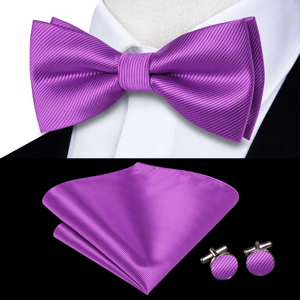 Solid Silk Bow Tie Hanky Cuff Links Set