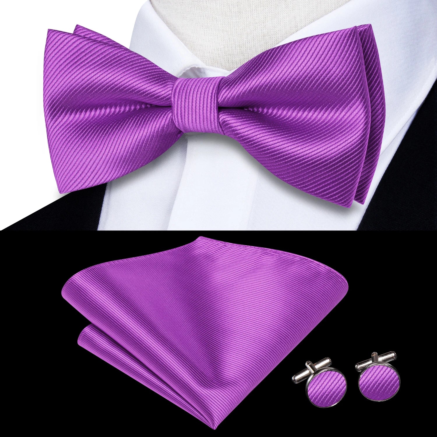 Solid Silk Bow Tie Hanky Cuff Links Set