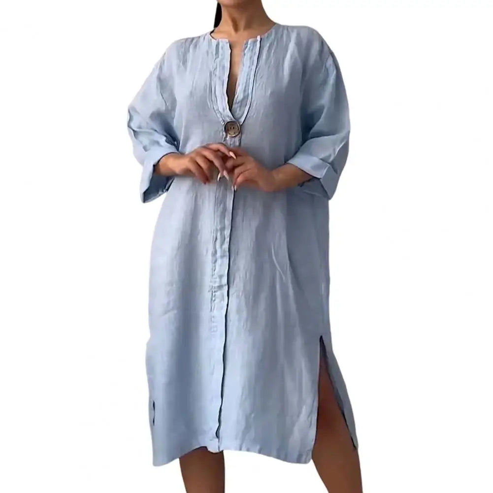 Soft Fabric Button V-neck A-line Midi Dress with Three Quarter Sleeves