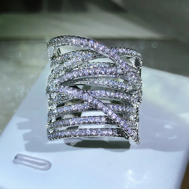 Exaggerated 925 Sterling Silver Stackable Cross Inlaid Full Zircon Ring
