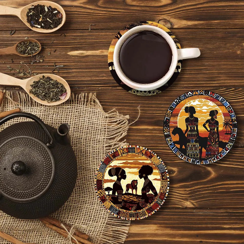 6 Pack African Tribal Style Wooden Coaster with Cork Mat