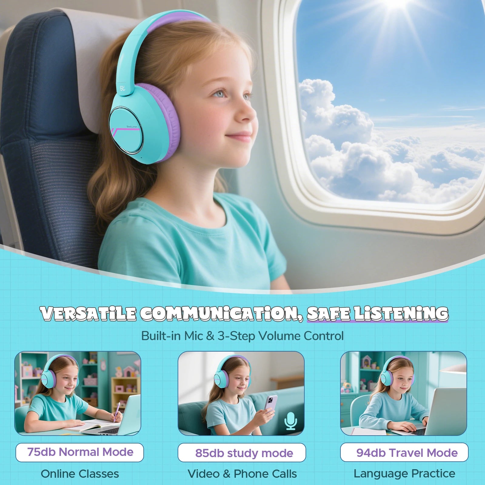 Nova1Pro Kids ANC Wireless Headphones 5.4 42dB Active Noise Cancellation with Mic