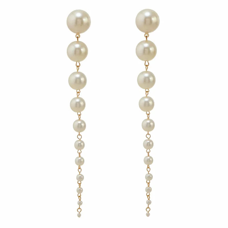 Elegant Gradient Handmade Simulated Pearl Tasseled Long Dangle Earrings