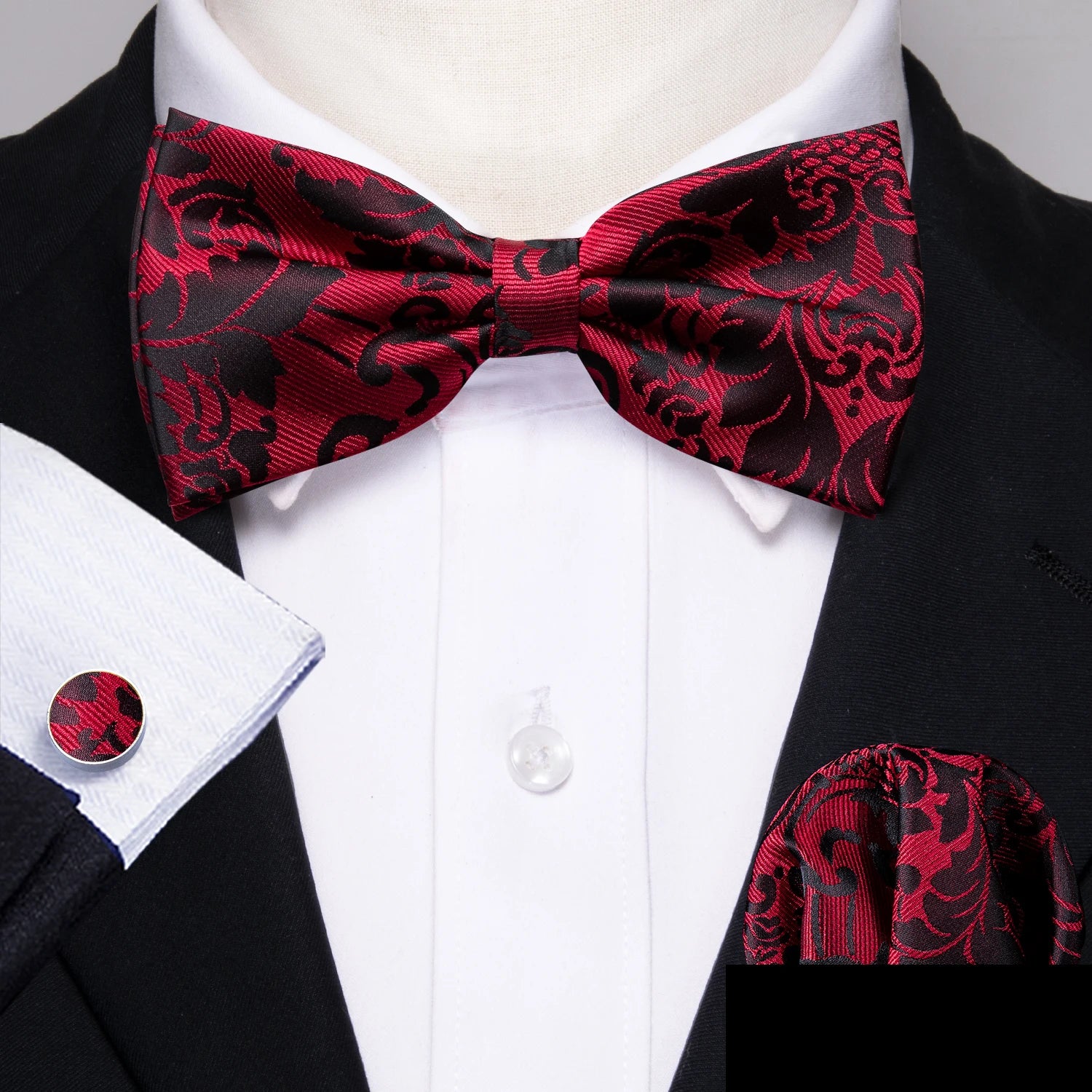 Barry.Wang Silk Bow Tie Hanky Cuffs Set
