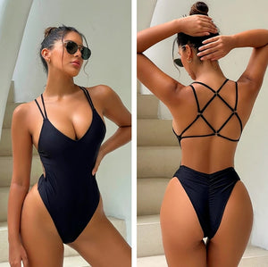 Brazilian Cross Strap Back One Piece Swimsuit