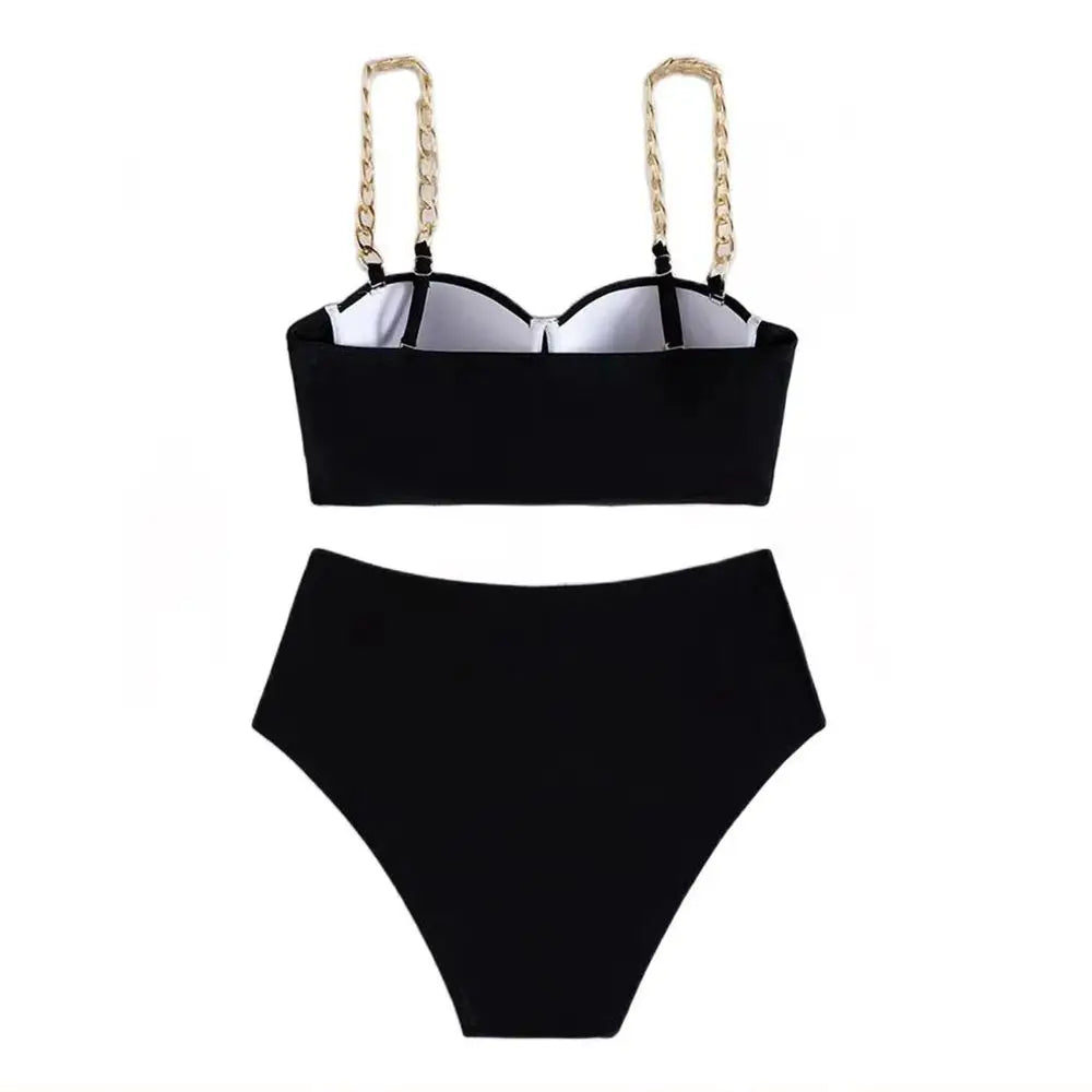 Hard Wrap Top Underwire Chain Shoulder Straps High Waist Swimwear