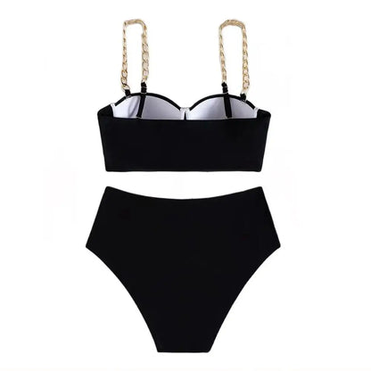 Hard Wrap Top Underwire Chain Shoulder Straps High Waist Swimwear