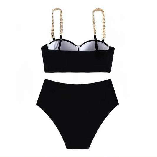 Hard Wrap Top Underwire Chain Shoulder Straps High Waist Swimwear