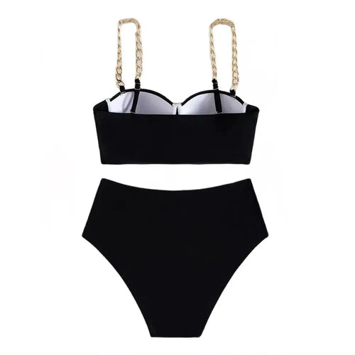 Hard Wrap Top Underwire Chain Shoulder Straps High Waist Swimwear