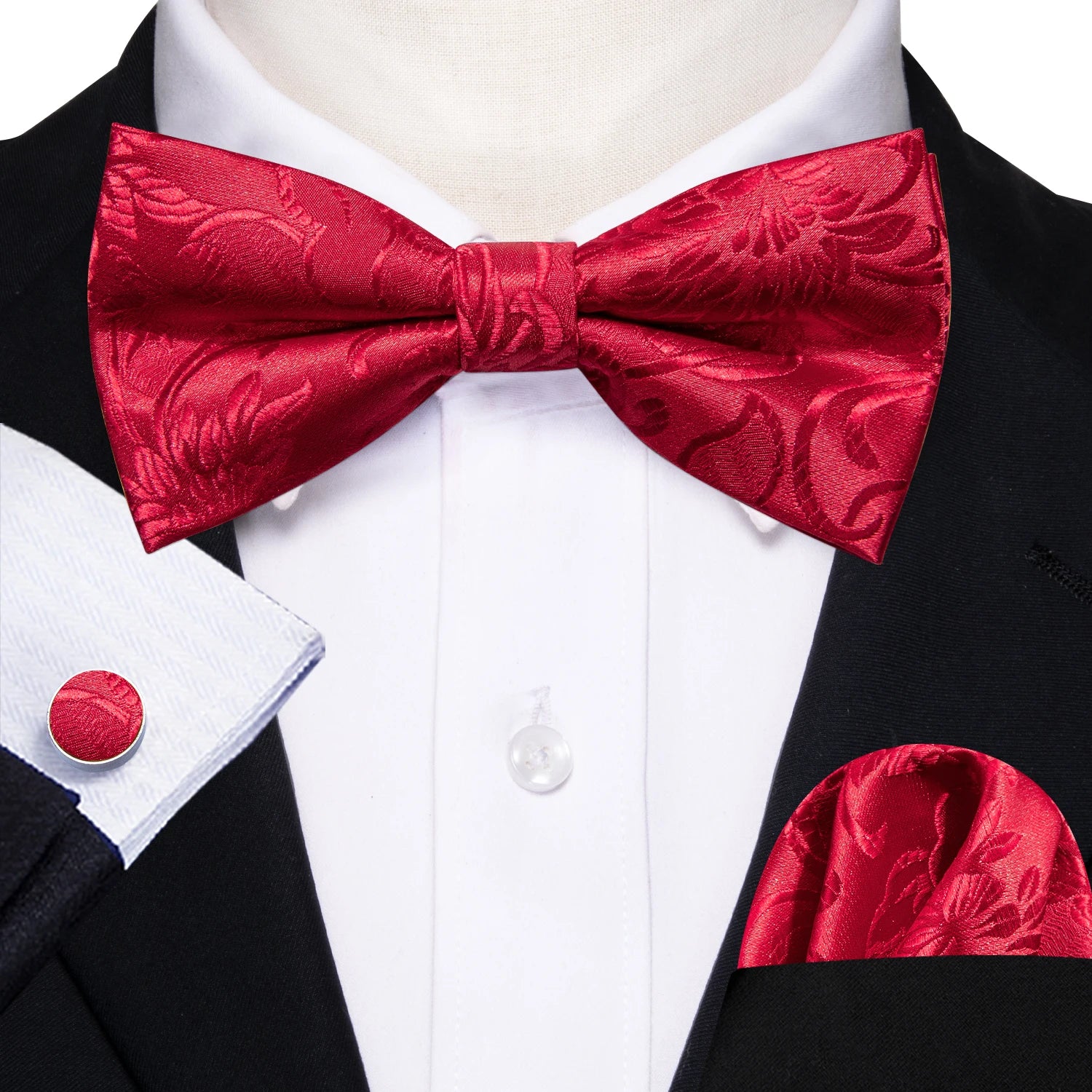 Barry.Wang Silk Bow Tie Hanky Cuffs Set