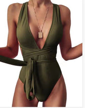 Plunging One Piece Backless Belted Swimsuit