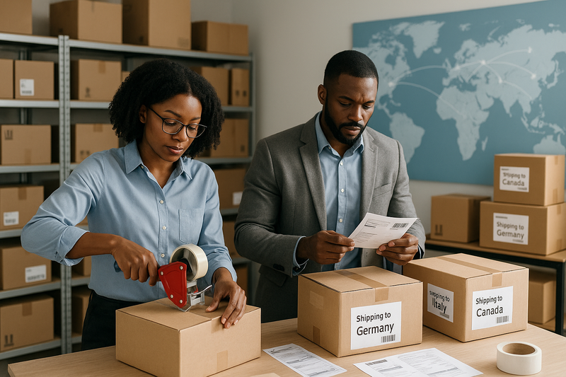 black man and woman preparing packages to be shipped worldwide
