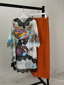 African Style Long Bat Sleeve Shirt Dress and Oversized Pants Set