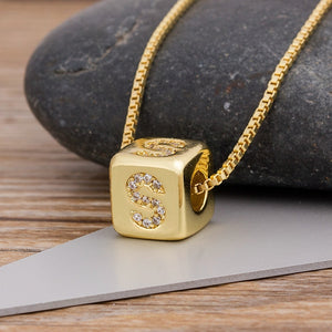 A-Z Initials Micro Pave Copper Cube Letter Pendant Necklace