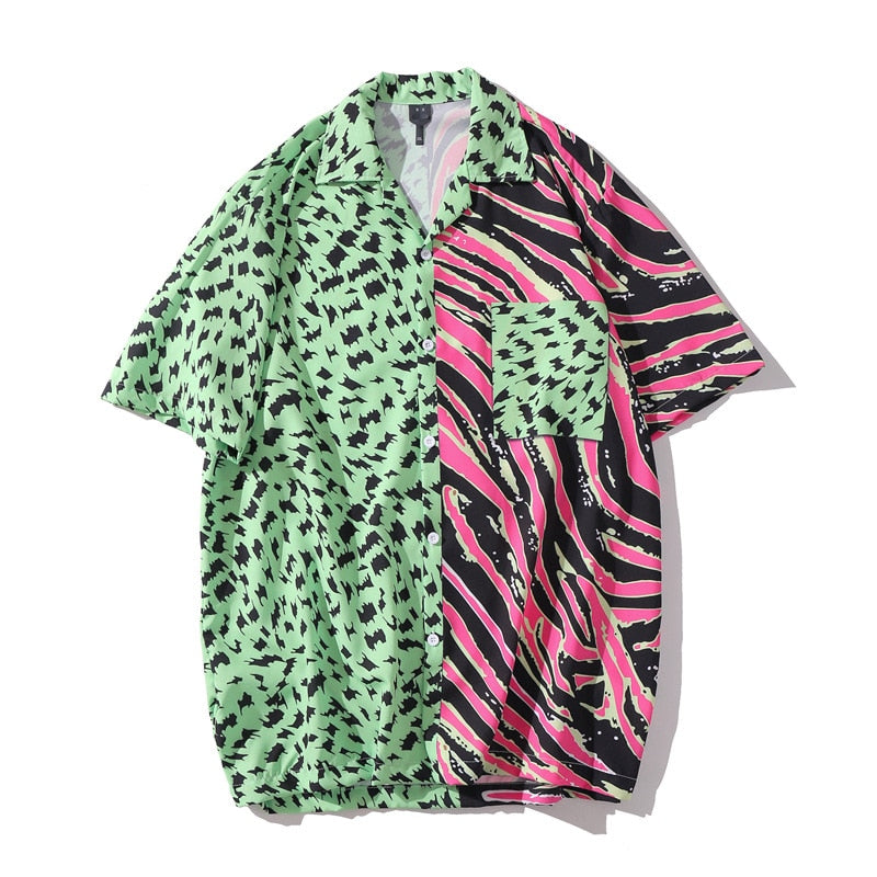 Short Sleeve Leopard Color Block Beach Shirt