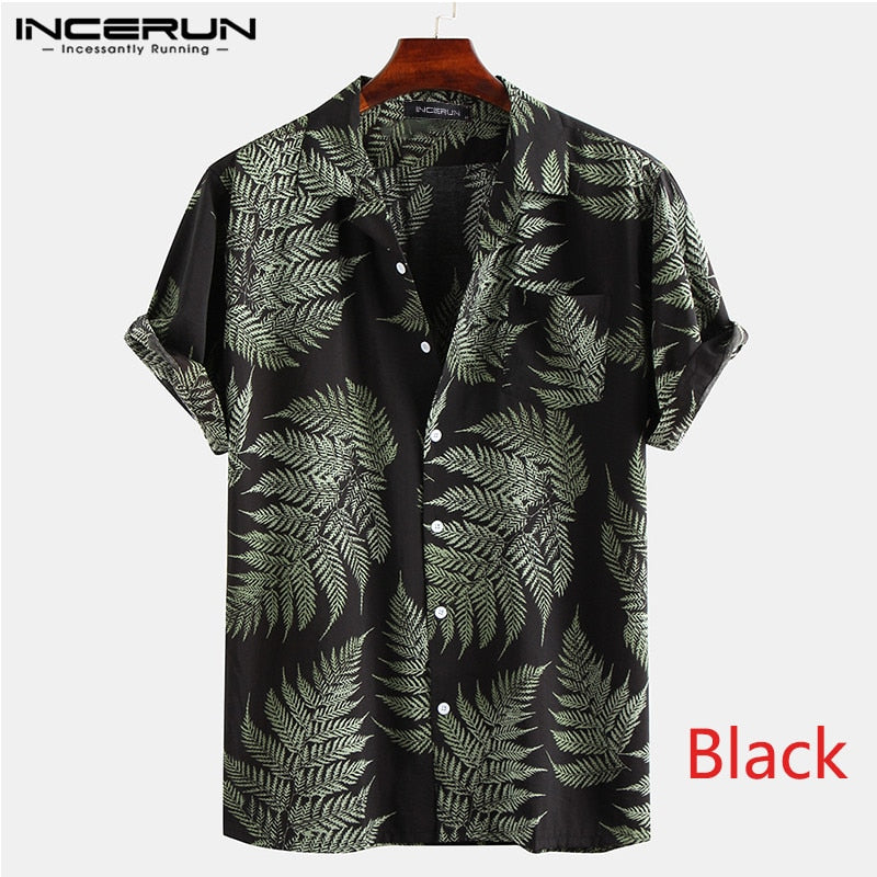 INCERUN Short Sleeve Leaf Printed Tropical Shirt