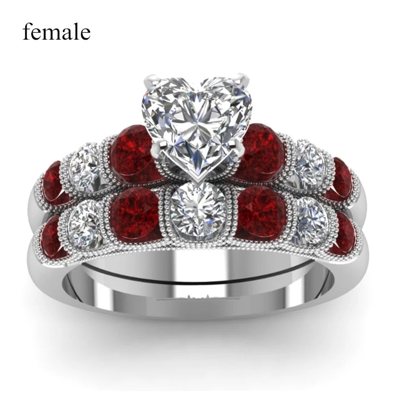 Couples Heart Garnet Stainless Steel Wedding Set