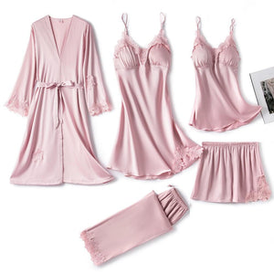 5PC Silk Robe Sleep Suit