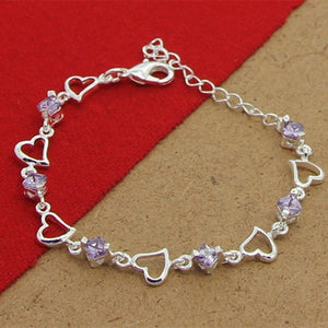 925 Sterling Silver Purple Heart Crystal Zircon Bracelet