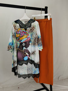 African Style Long Bat Sleeve Shirt Dress and Oversized Pants Set