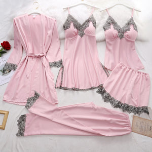 5PC Silk Robe Sleep Suit