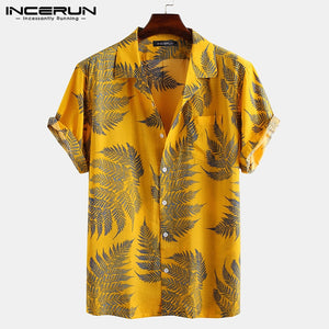 INCERUN Short Sleeve Leaf Printed Tropical Shirt