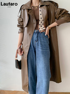 Long Oversized Faux Leather Trench Coat